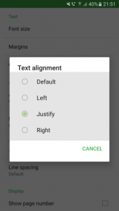 Epub text alignment menu