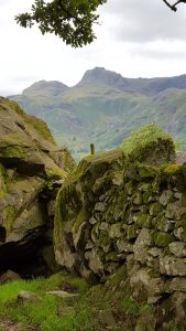 The Langdale Pikes from Chapel Stile boulders